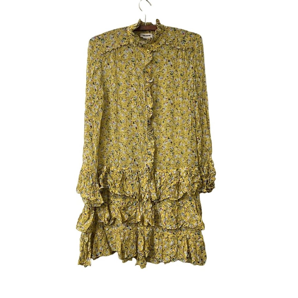 Zadig & Voltaire Yellow Floral Silk Ruffle Layered Long Sleeve Dress Size 8